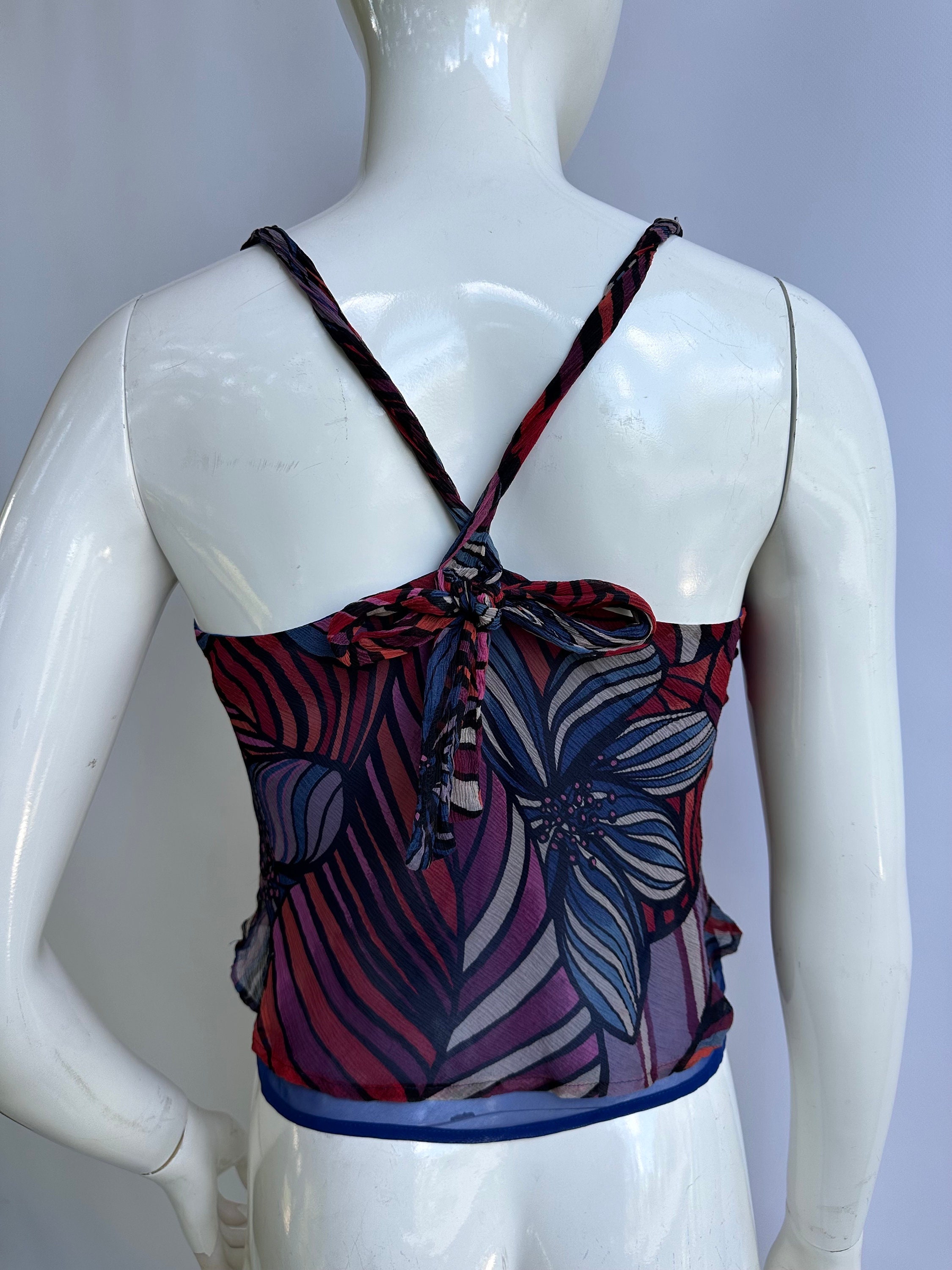 Y2k Vintage Armani Jeans Floral Silk Top, Criss Cross Tank Top