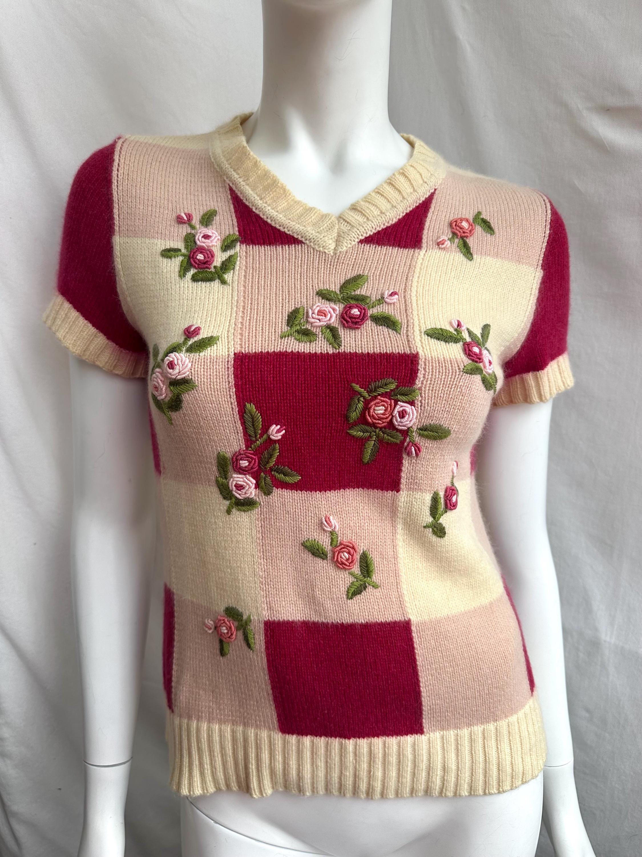 Y2k Vintage Moschino Knit Top, Floral Embroidery T-shirt, Pink Red