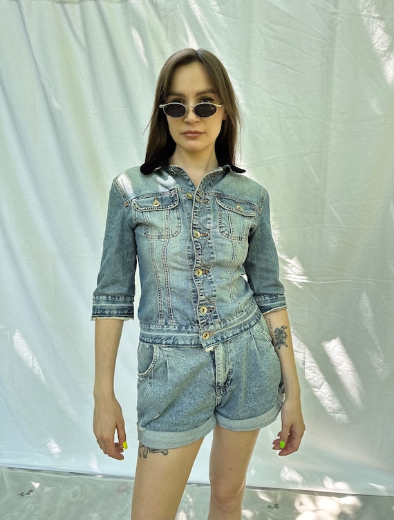 Vintage 90s Dolce Gabbana Denim Jacket, Crop Button Jacket, Velvet