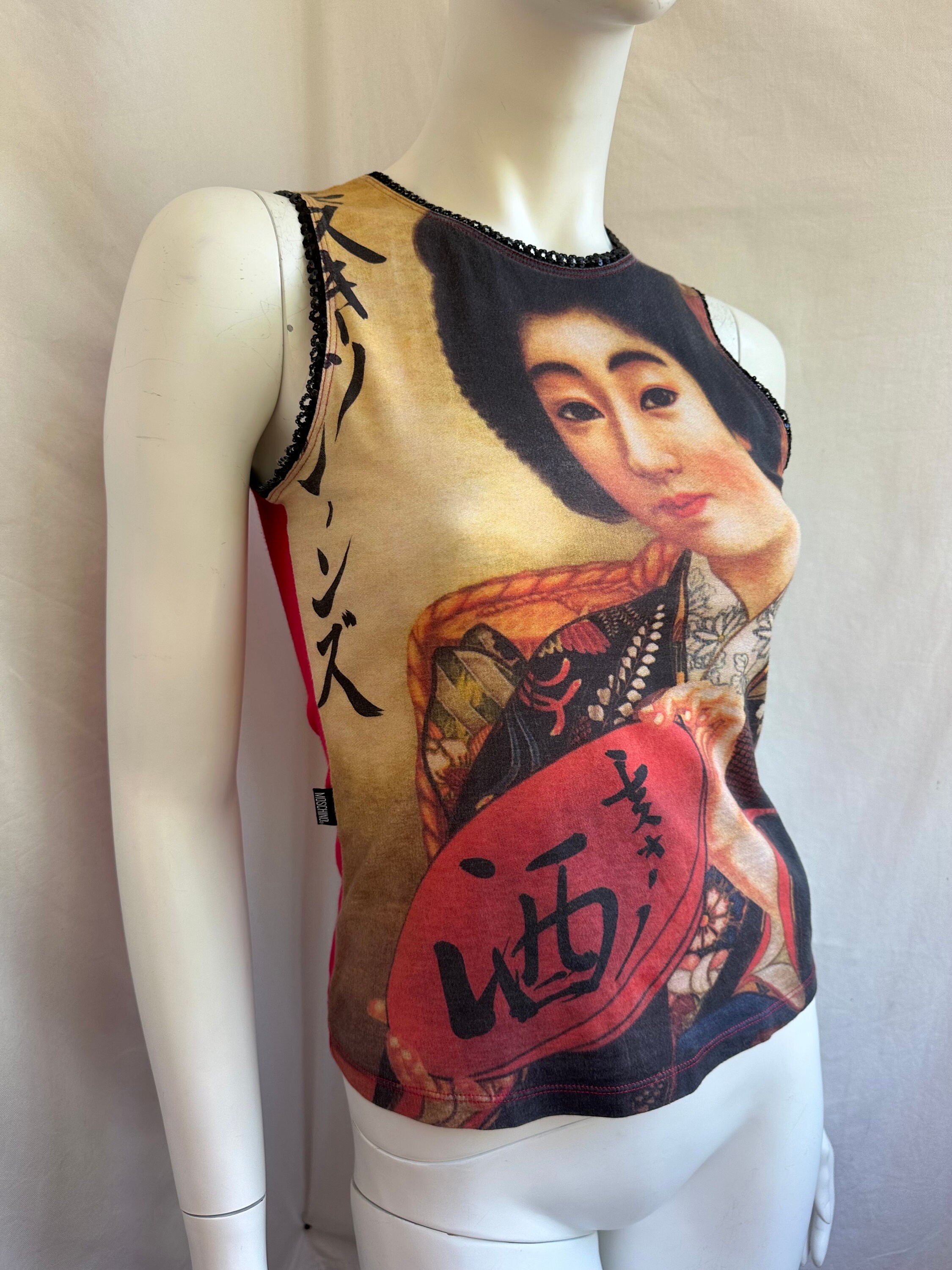 Y2k Vintage Moschino Red Tank Top, Japanese Woman Geisha