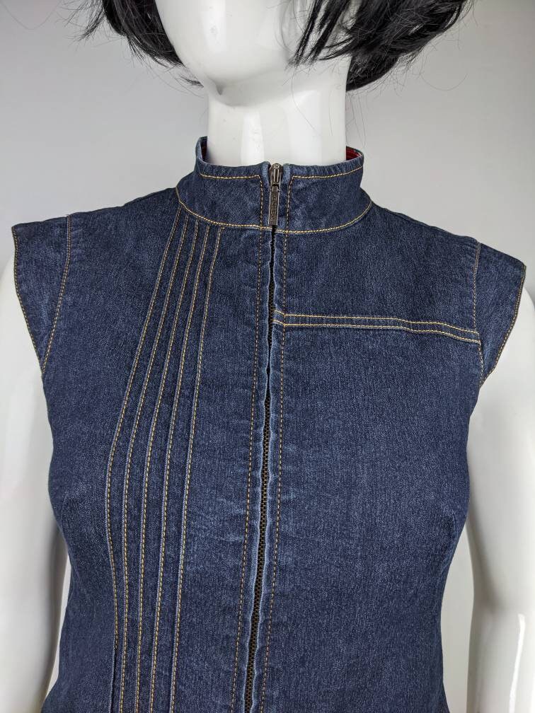 Vintage 90s KENZO Jeans Denim Vest. Zipper Blue Vest, Red Japanese