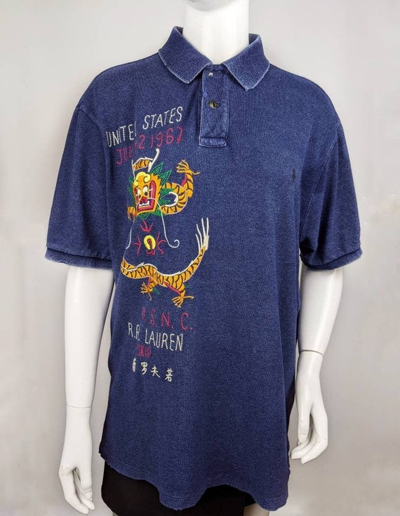 Vintage 90s RALPH LAUREN Polo T-shirt Dragon Embroidered. Tee 