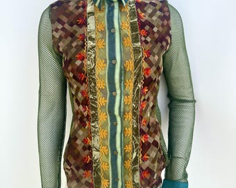 Y2k Save The Queen Patchwork Blouse, Multiprint Button Up Shirt, Boho Style Shirt