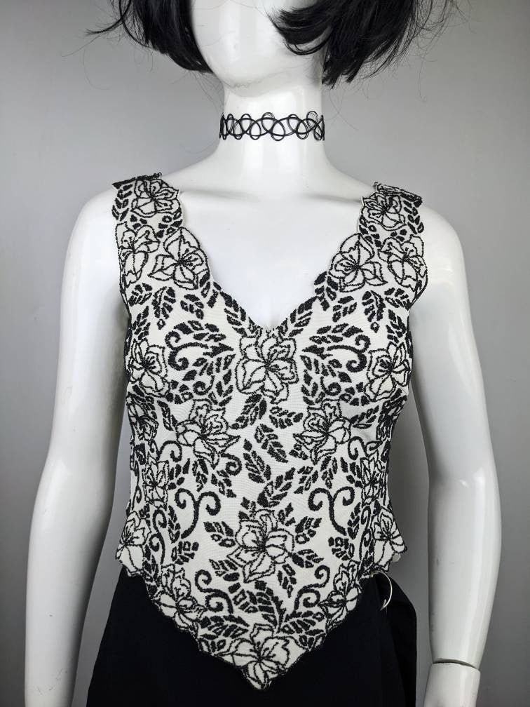 Vintage 90s TADASHI Glitter Floral Top | Black and White Elegant Blouse