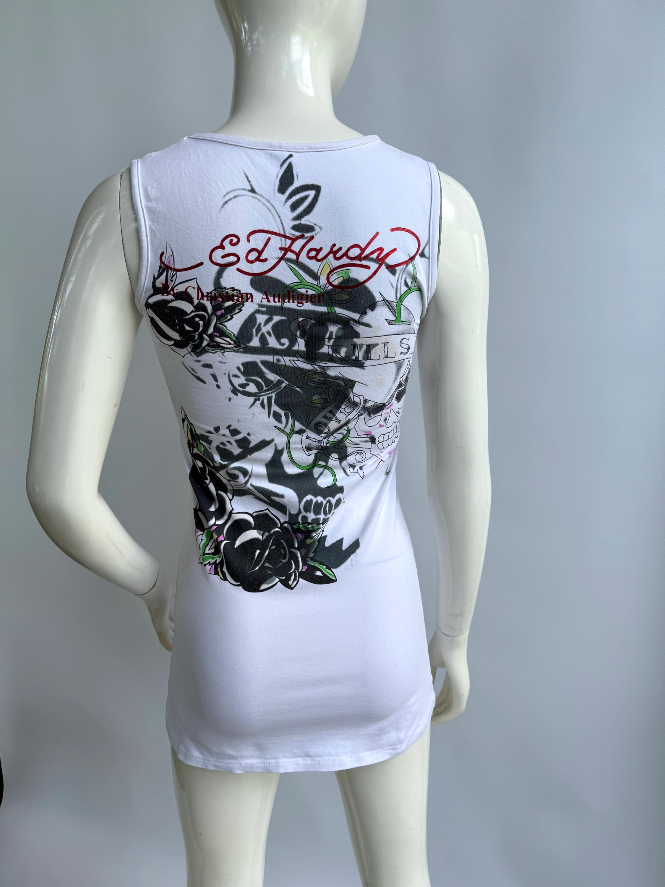 Y2K Ed Hardy Diamanté Tank Top: Skull Roses Graphic, Made in USA