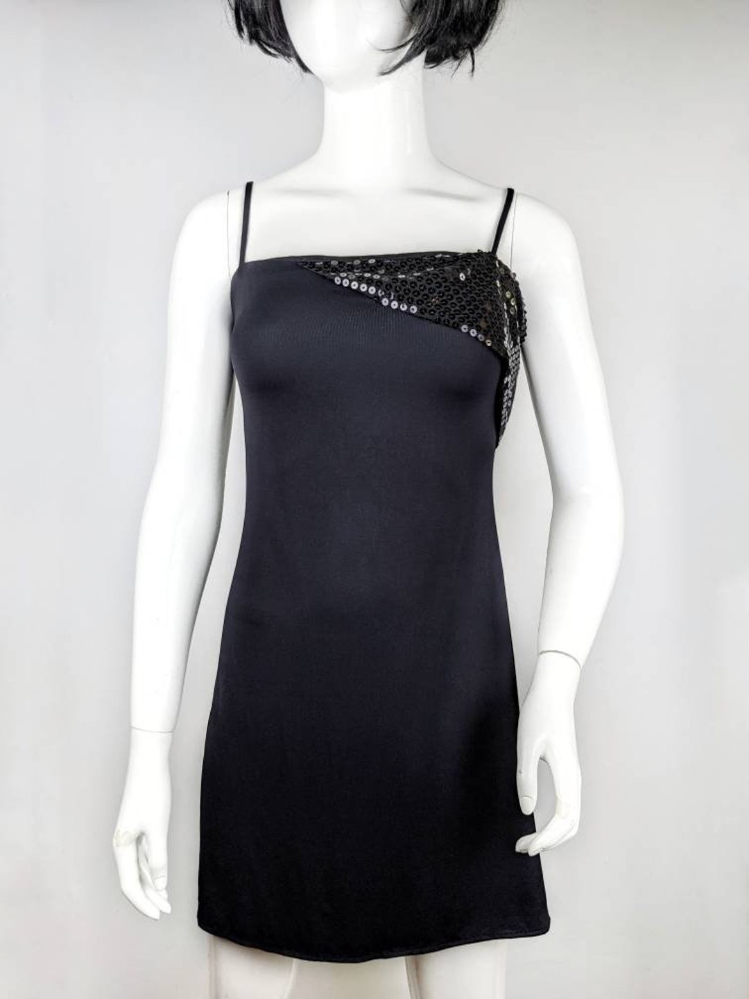 Vintage 90s Versace Mini Black Dress, Sequins Gown Spaghetti