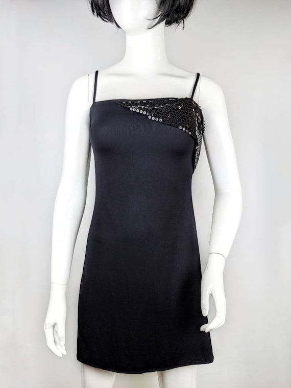Vintage 90s Versace Mini Black Dress, Sequins Gown Spaghetti