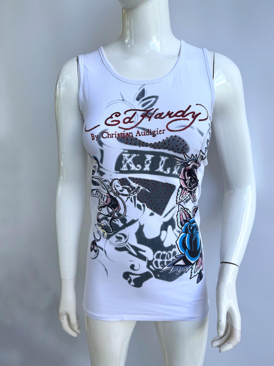 y2k❤️ 00s Ed Hardy スカル 両面ロゴ リブ タンクトップ Y2K Ed Hardy Diamanté Tank Top: Skull Roses Graphic, Made in USA