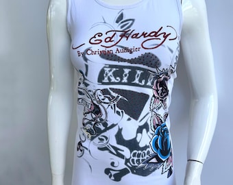Y2K Ed Hardy Diamanté Tank Top: Skull Roses Graphic, Made in USA