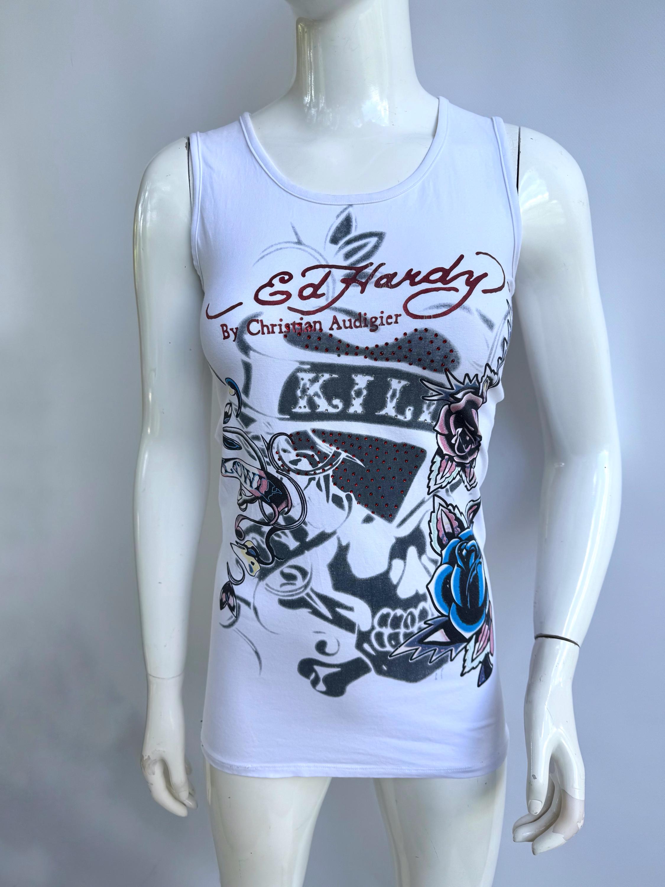 y2k❤️ 00s Ed Hardy ラインストーン ロゴ 薔薇 タンクトップ Y2K Ed Hardy Diamanté Tank Top: Skull Roses Graphic, Made in USA