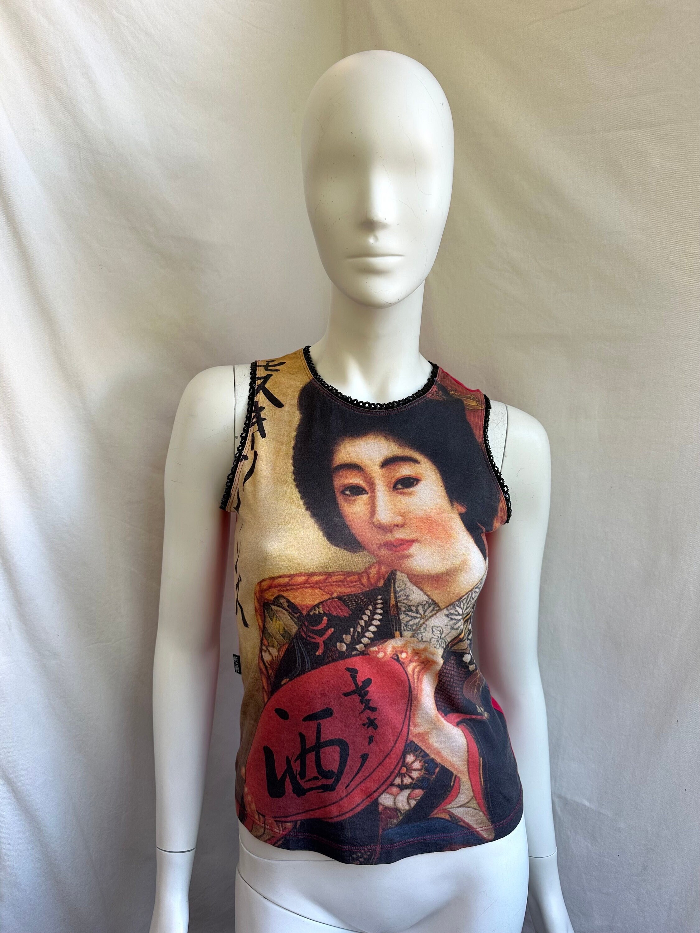 Y2k Vintage Moschino Red Tank Top, Japanese Woman Geisha