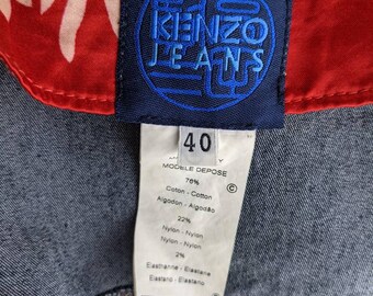 Vintage 90s KENZO Jeans Denim Vest. Zipper Blue Vest, Red Japanese