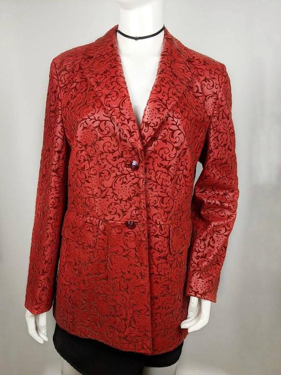 Vintage 90s ESCADA Leather Blazer. Red Floral Long Jacket - Etsy 
