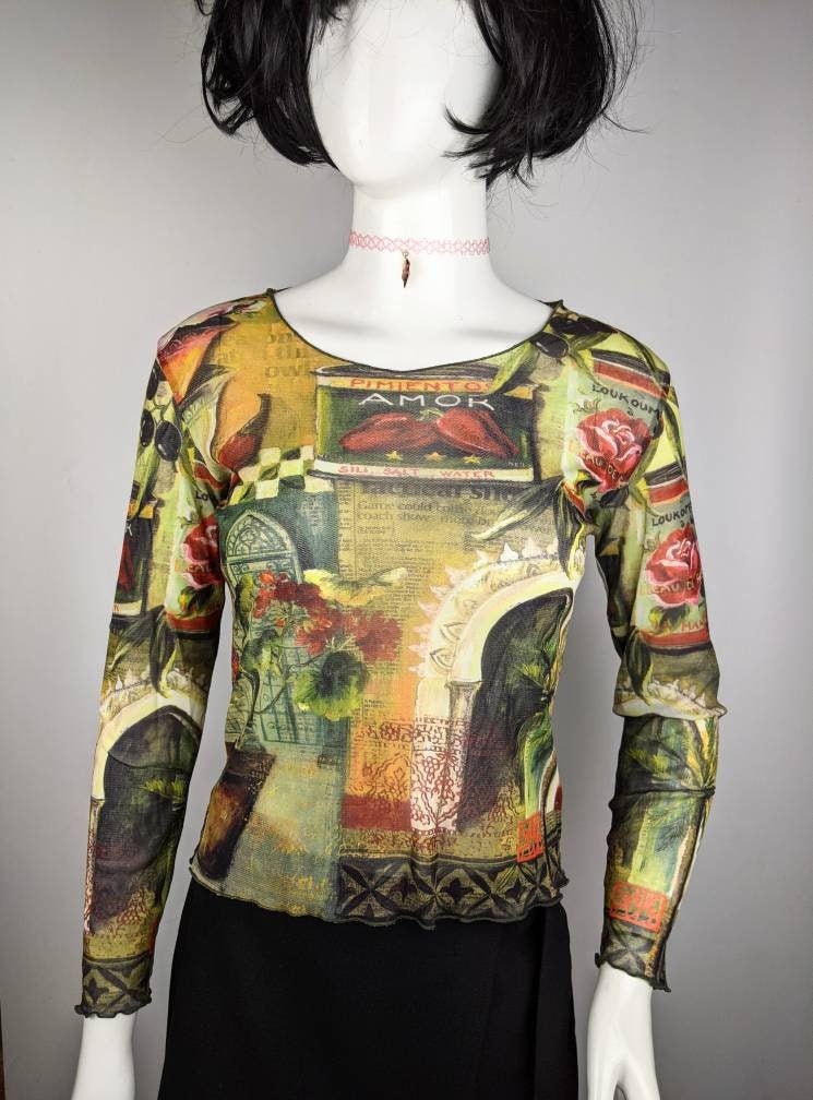 Vintage 90s Aventure Des Toiles Mesh Top, Long Sleeve Abstract