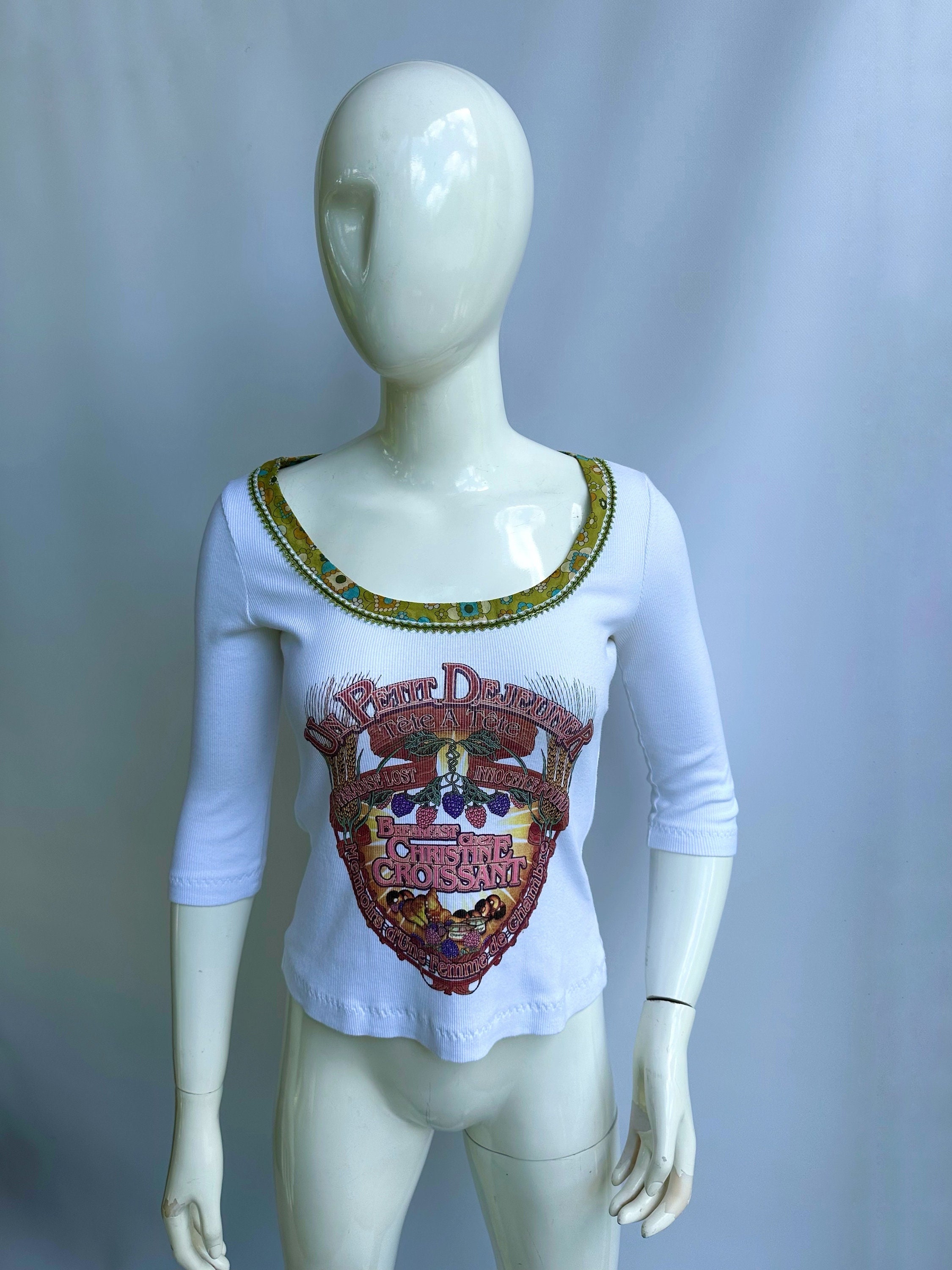 Y2k Vintage Dolce Gabbana White Ribbed Top, Floral and Fruit