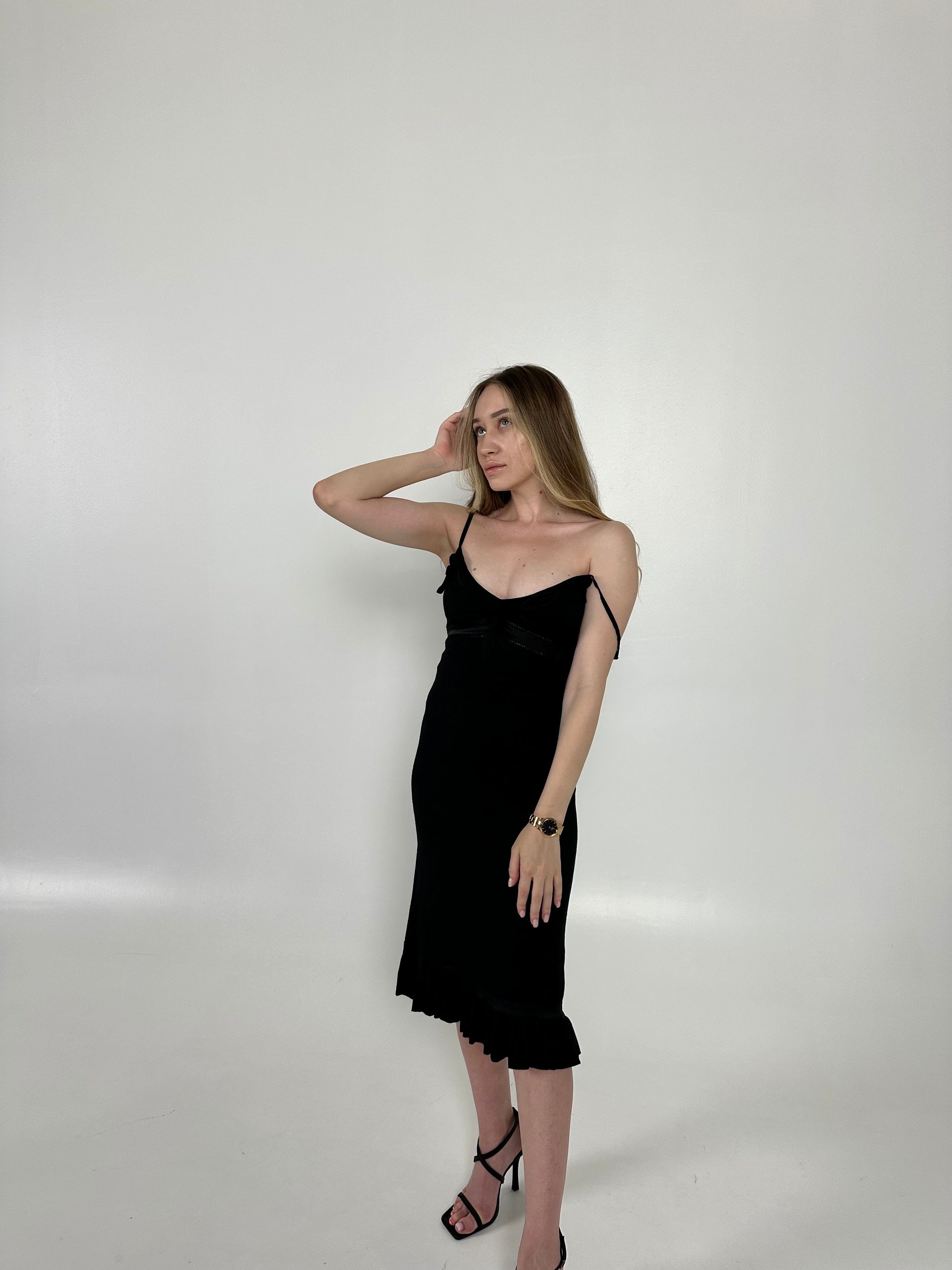 モスキーノ　ブラックドレス Y2k Vintage MOSCHINO Slip Dress. Black Midi Dress Spaghetti