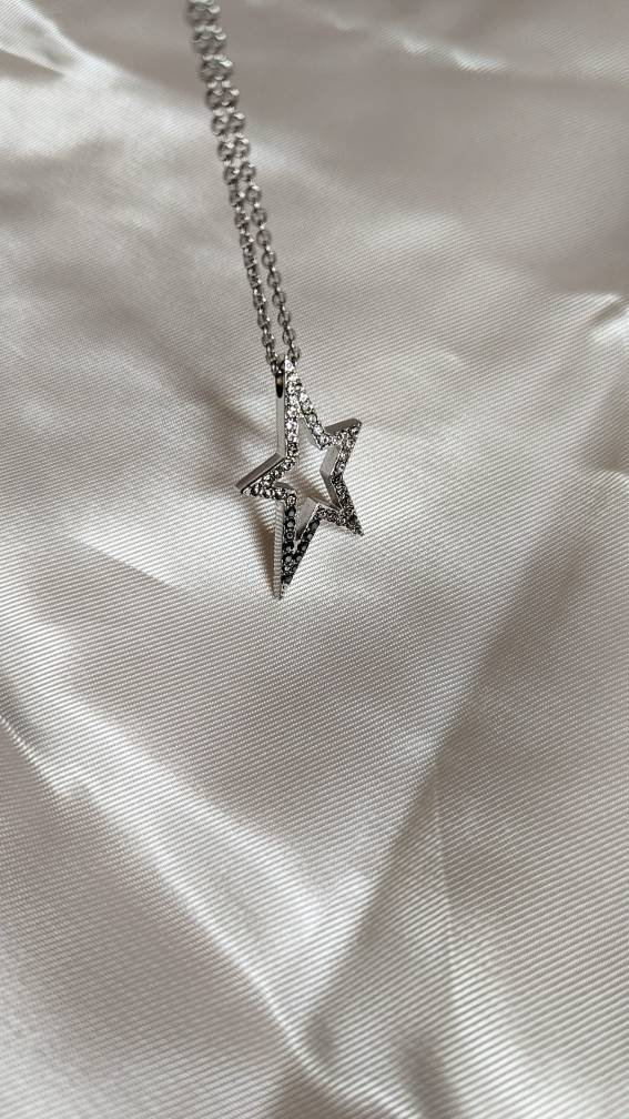 Y2k Vintage Thierry Mugler Silver Necklace, Star Crystals Pendant