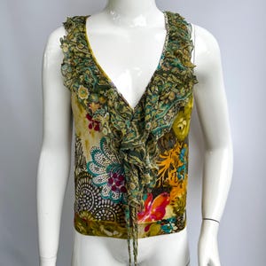 Y2k Vintage Etro Abstract Tank Top, Multicolor Ruffle Silk Neck Top