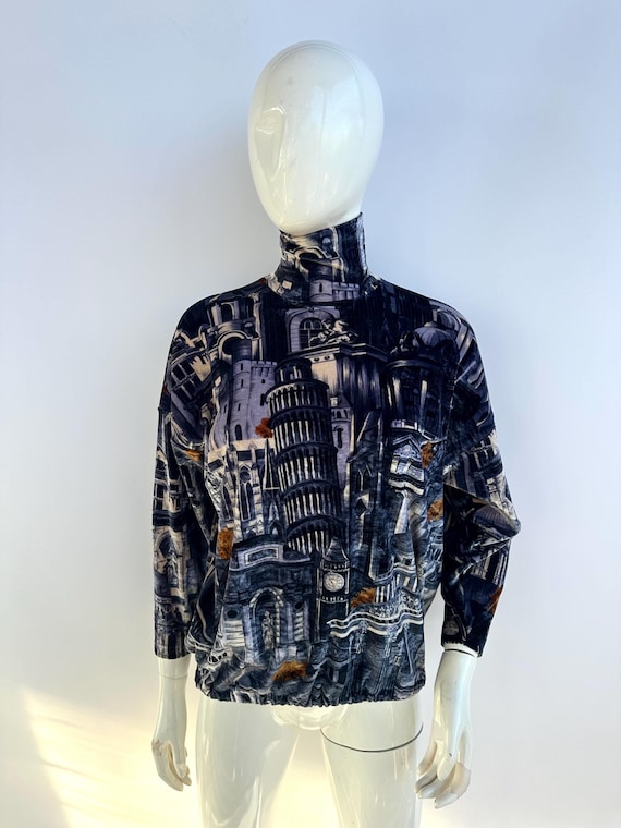 Kenzo, Vintage 90s Kenzo Velvet Turtleneck Top, Gray Longsleeve Top, European Monuments Print
