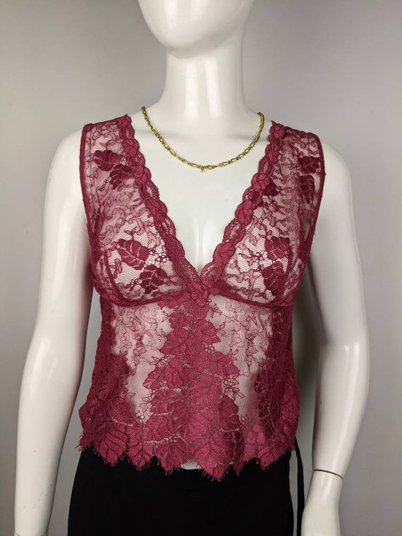 vintage 90s LA PERLA lace top. burgundi openwork f