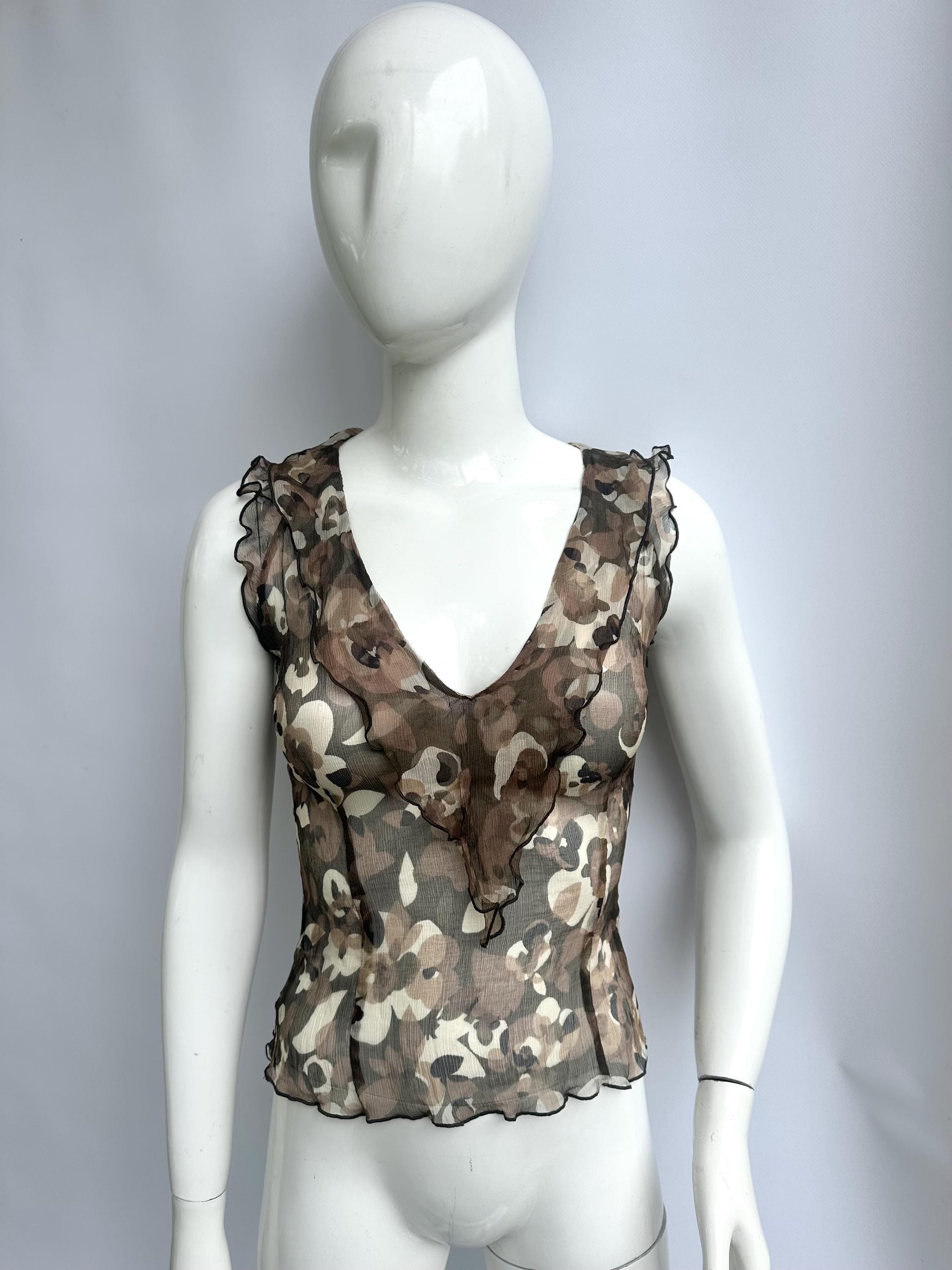 Y2k Vintage Moschino Silk Camouflage Top, Green Ruffled Sleeveless