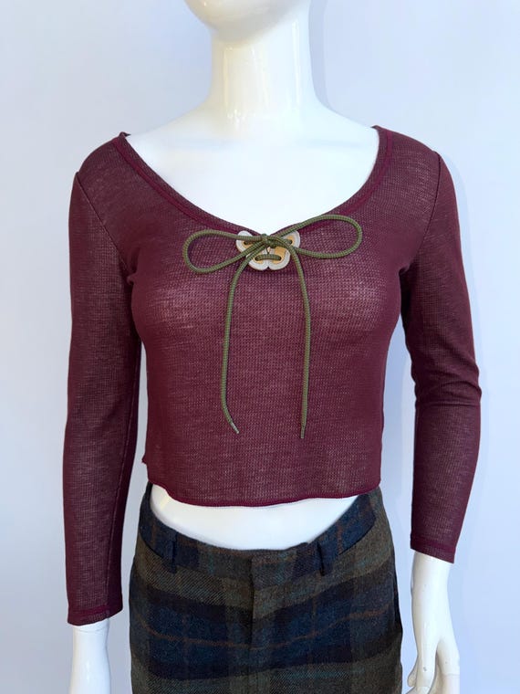 Miu Miu, FW 1999 Miu Miu Long Sleeve Top, Burgundy Stretch Top Shirt Size Small