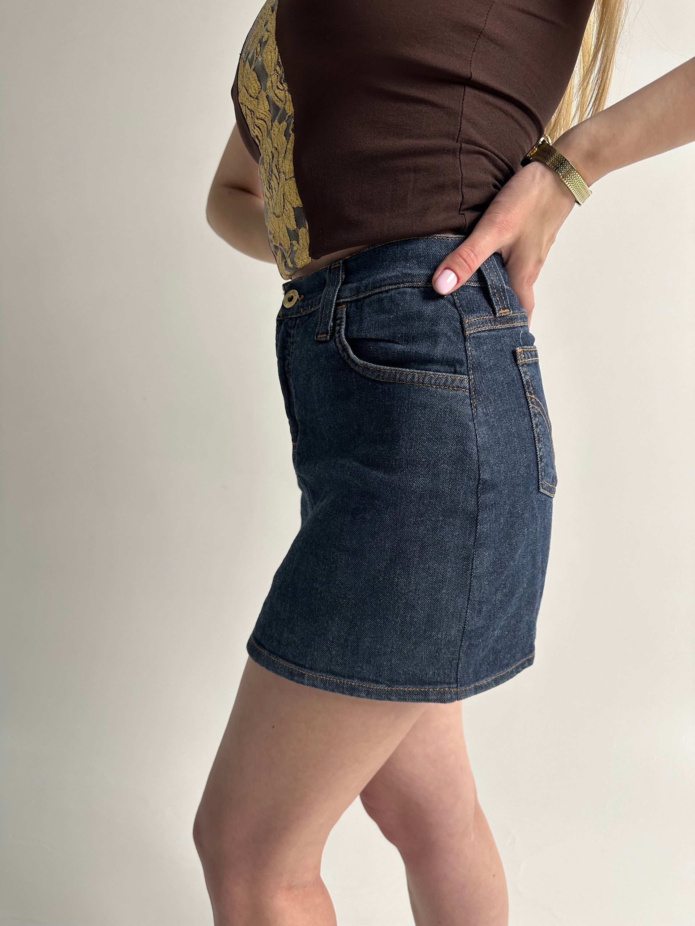 Y2k Vintage DOLCE GABBANA Denim Mini Skirt. Gold Logo