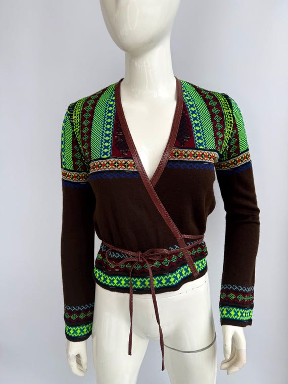 Kenzo, Vintage 90s Kenzo Wrap Knit Top, Ornament Print Sweater