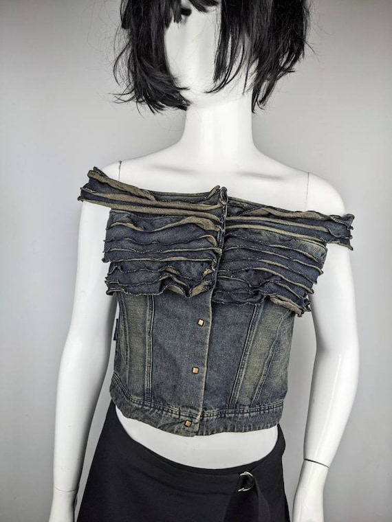 Vintage 90s VALENTINO Denim Ruffles Top. Off-shoulder Jeans Crop Top.  Senorita Style Corset -  Denmark