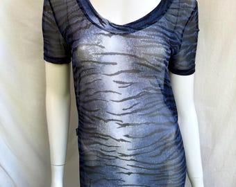 Vintage 90s Moschino Mesh Top Blue Tiger Print, Sheer Animal Pattern T-shirt