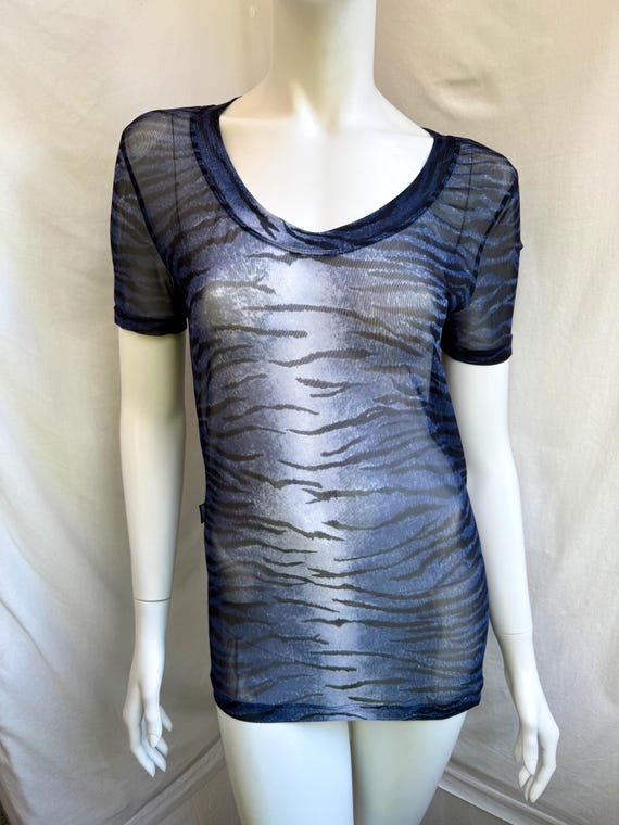 Moschino, Vintage 90s Moschino Mesh Top Blue Tiger Print, Sheer Animal Pattern T-shirt