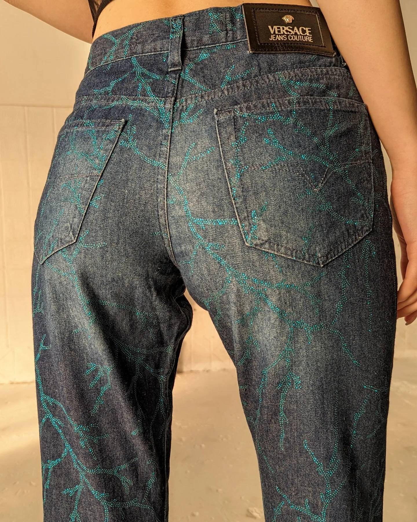Vintage 90s VERSACE Navy Flared Pants. Metallic Glitter