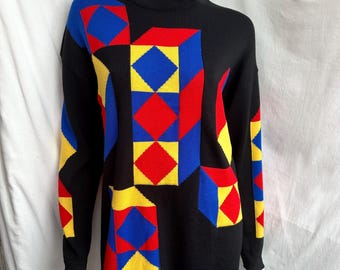 Vintage 80s Escada Knit Dress, Turtleneck Long Sweater, Geometric Print Pullover