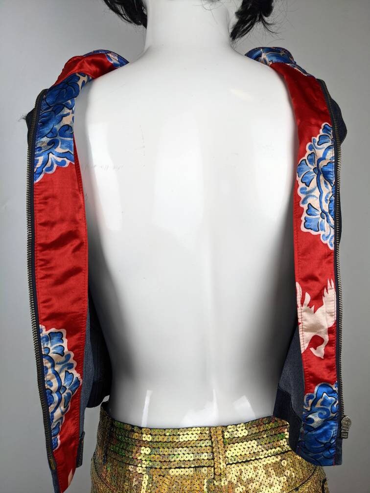 Vintage 90s KENZO Jeans Denim Vest. Zipper Blue Vest, Red Japanese