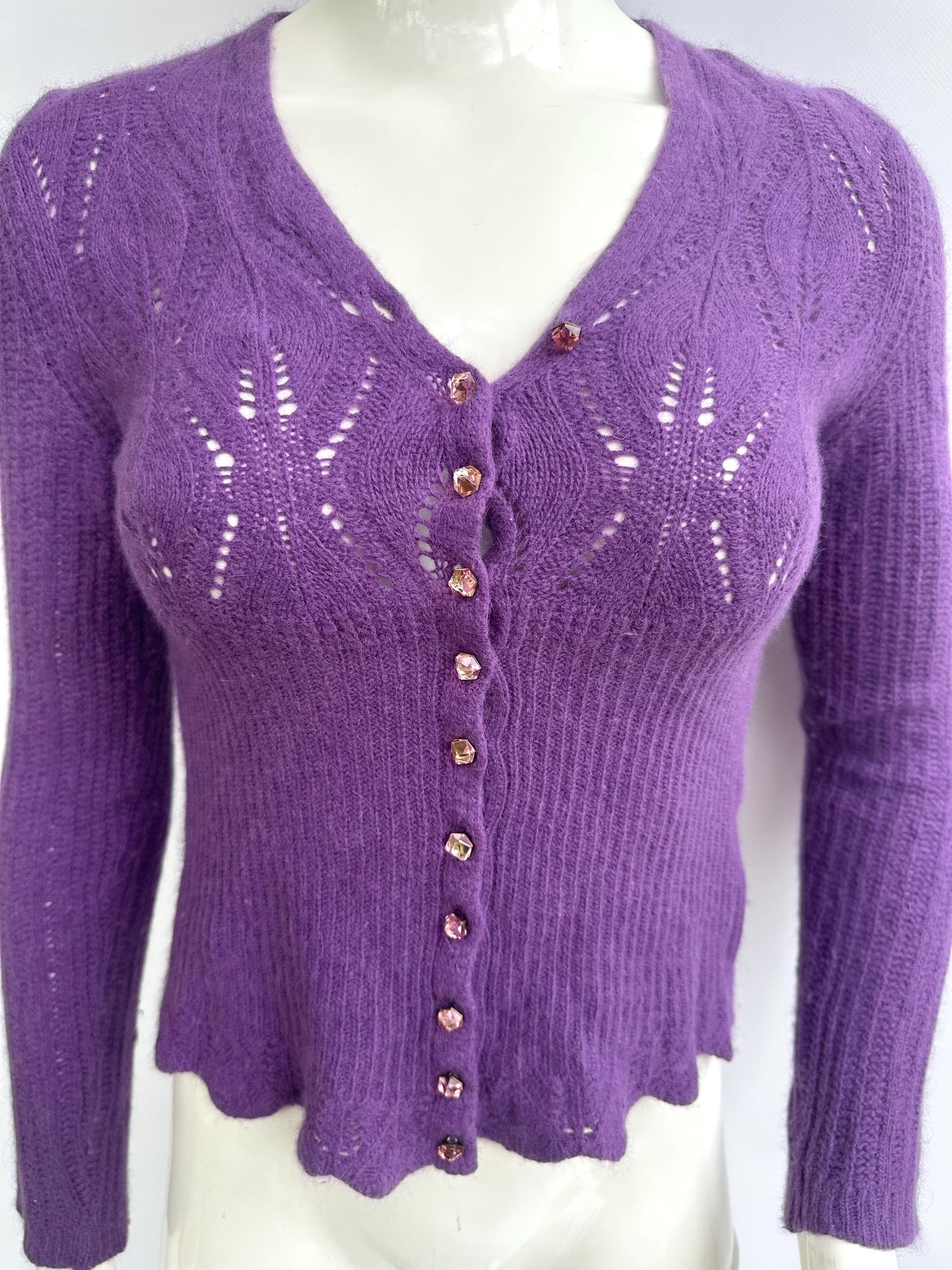 Y2k Vintage Dolce Gabbana Purple Top, Wool Knit Cropped Cardigan