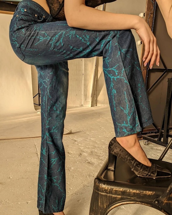 Vintage 90s VERSACE Navy Flared Pants. Metallic Glitter