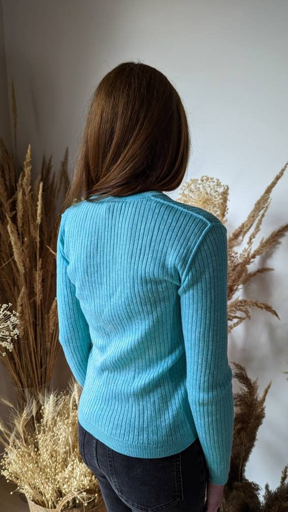 Vintage 70s COURREGES Blue Top. Ribbed V-neck Long Sleeve
