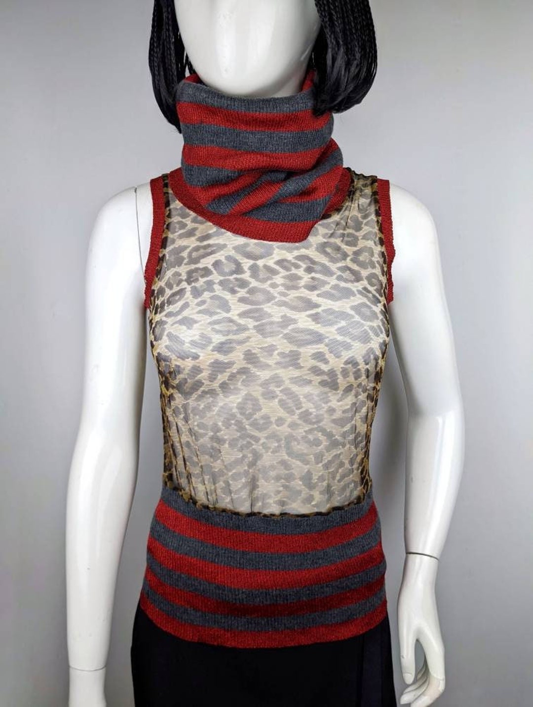 Y2k Vintage Dolce Gabbana Leopard Mesh Top, Knitted Stripped Y2k Vintage Dolce Gabbana Leopard Mesh Top, Knitted Stripped