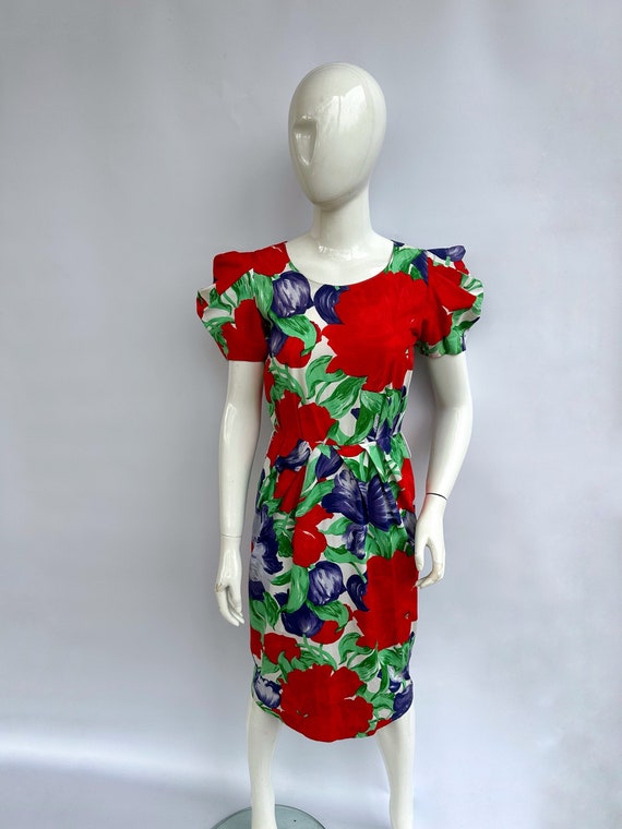 Vintage 80s PIERRE BALMAIN Floral Dress. Puff Sleeve Gown - Etsy