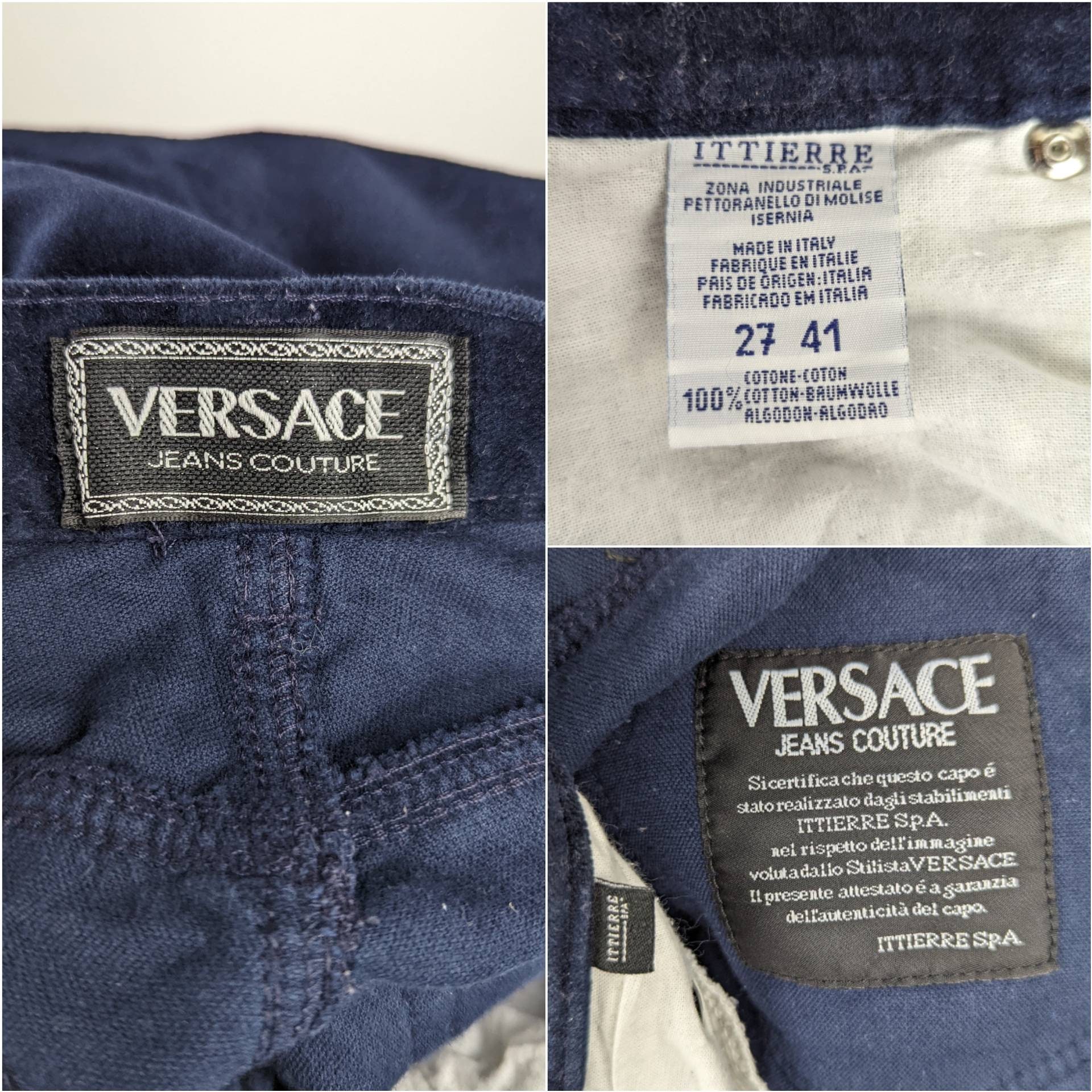 Vintage 90s VERSACE Velvet Pants. Extra Small Slim Navy Blue