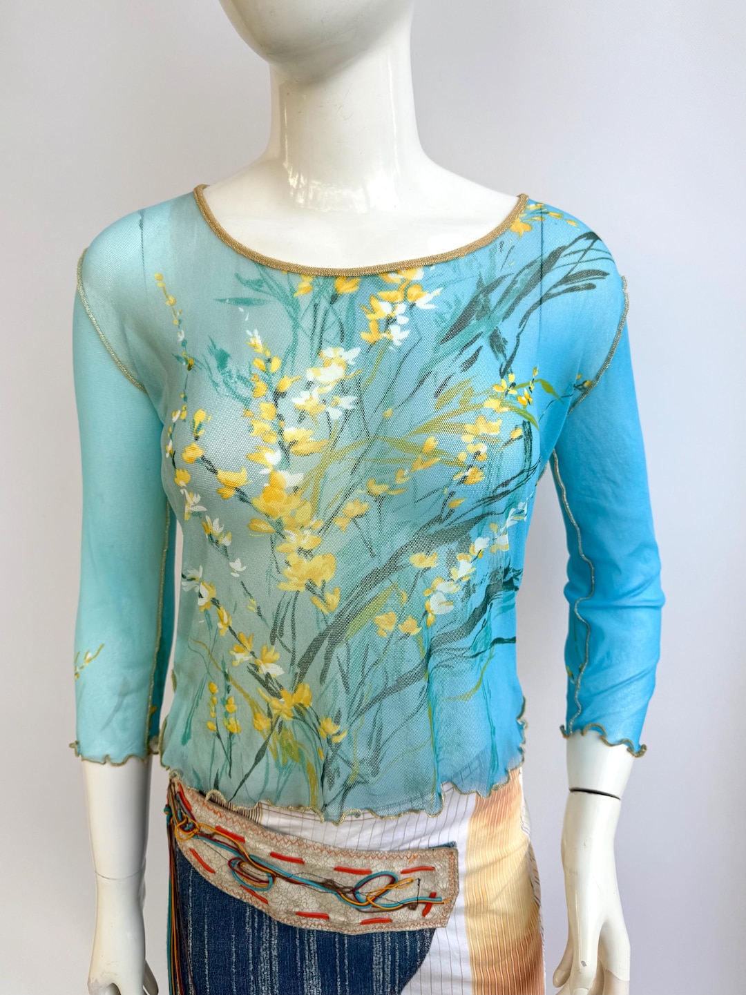 Y2k Vintage Floral Mesh Top Angelo Marani, Blue Long Sleeve Blouse