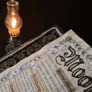K&ouml;nnte beinhalten: Ein cremefarbenes Pergament mit goldener und schwarzer Kalligrafie, die Mondphasen wie Waxing Gibbous, First Quarter und Waxing Crescent beschreibt. Der Text ist von handgezeichneten Blumen und einem kleinen Pentagramm umrahmt.