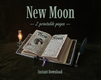 May include: An open book with two printable pages titled New Moon, featuring an owl illustration and decorative text. A small lit oil lamp sits to the left, and a dark quill pen rests to the right. The book has a dark patterned cover.