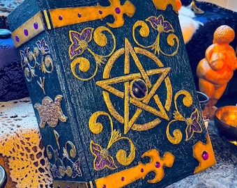 SOLD •Jewel of the Witch - Handcrafted Grimoire, Pagan Book of Shadows, refillable Spellbook, Gold, Green&Purple Refillable Pentacle Journal