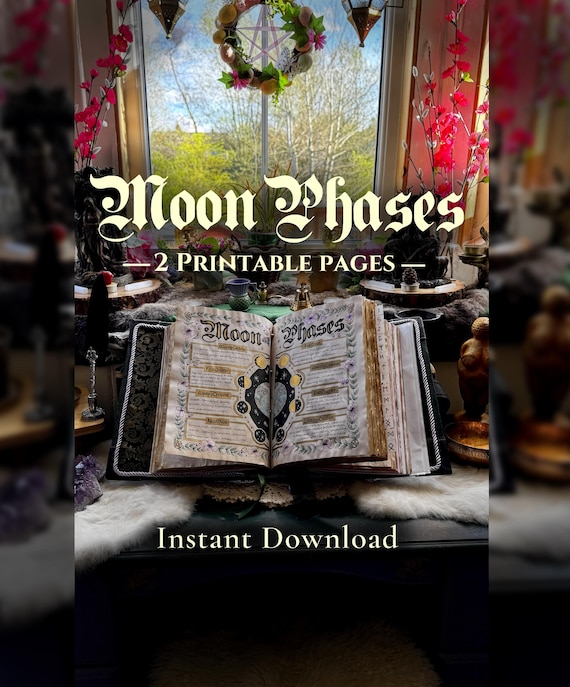 Lunar Cycle Grimoire Pages | 2 Page Moon Phases Coloring Set | Witchy Book of Shadows Printable |A4 and US formats, pdf and png files