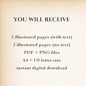 May include: Cream-colored image with black text. The text reads "YOU WILL RECEIVE" followed by details about the digital download: 2 illustrated pages with text, 2 illustrated pages without text, PDF and PNG files, A4 and US letter size, and instant digital download.