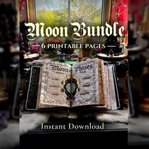 Puede incluir: Un libro abierto con el título "Moon Phases" se muestra, con el texto "Moon Bundle" encima. Las páginas del libro presentan ilustraciones y texto. Las palabras "6 Printable Pages" e "Instant Download" también son visibles. El fondo incluye una ventana y elementos decorativos.