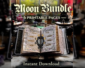 May include: An open book with the title "Moon Phases" is displayed, with the text "Moon Bundle" above it. The book's pages feature illustrations and text. The words "6 Printable Pages" and "Instant Download" are also visible. The background includes a window and decorative elements.