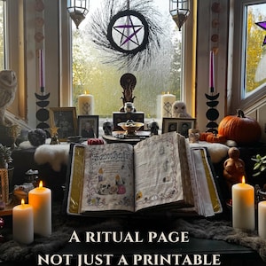 May include: An open book with the word "Samhain" on the page, surrounded by candles, skulls, and a pumpkin. A wreath with a pentagram hangs in the window. The text at the bottom reads "A RITUAL PAGE NOT JUST A PRINTABLE."