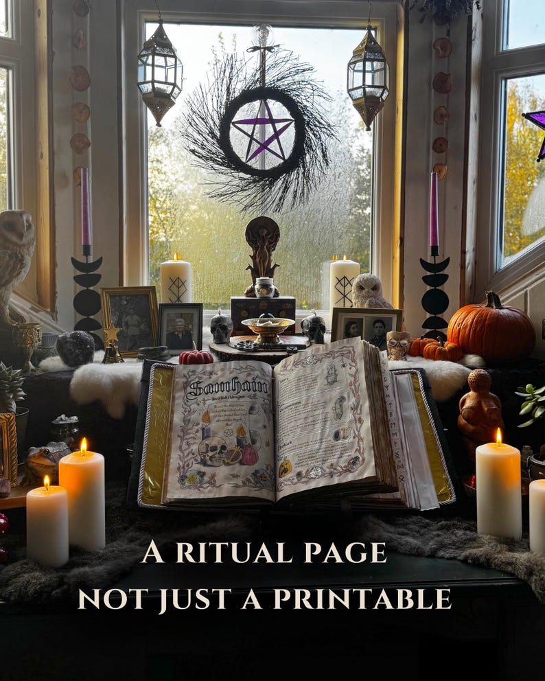May include: An open book with the word "Samhain" on the page, surrounded by candles, skulls, and a pumpkin. A wreath with a pentagram hangs in the window. The text at the bottom reads "A RITUAL PAGE NOT JUST A PRINTABLE."